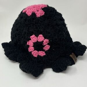 Crochet Boho Cottagecore Knit Hat Black Pink Flower Ruffle Women's Quirky Retro